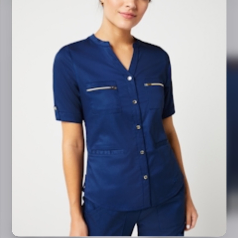 Jaanuu scrub set. size large set. Navy blue. Moto pants and button down top.